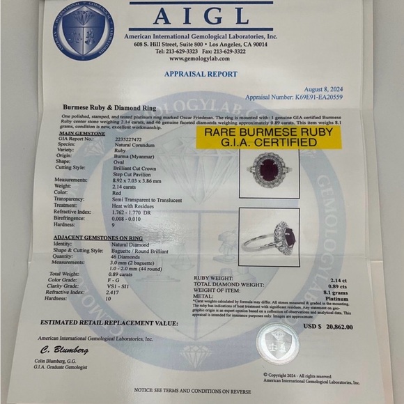GIA 2.14ct Burmese Ruby Platinum Ring Oscar Friedman 0.89ct Diamonds Size 7 - Picture 5 of 6